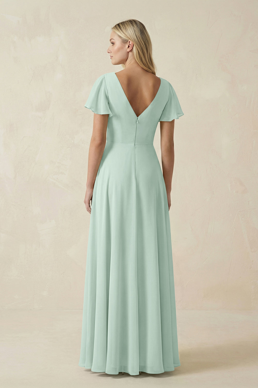 V-Neck Flutter Sleeve A-Line Chiffon Bridesmaid Dress in Sage