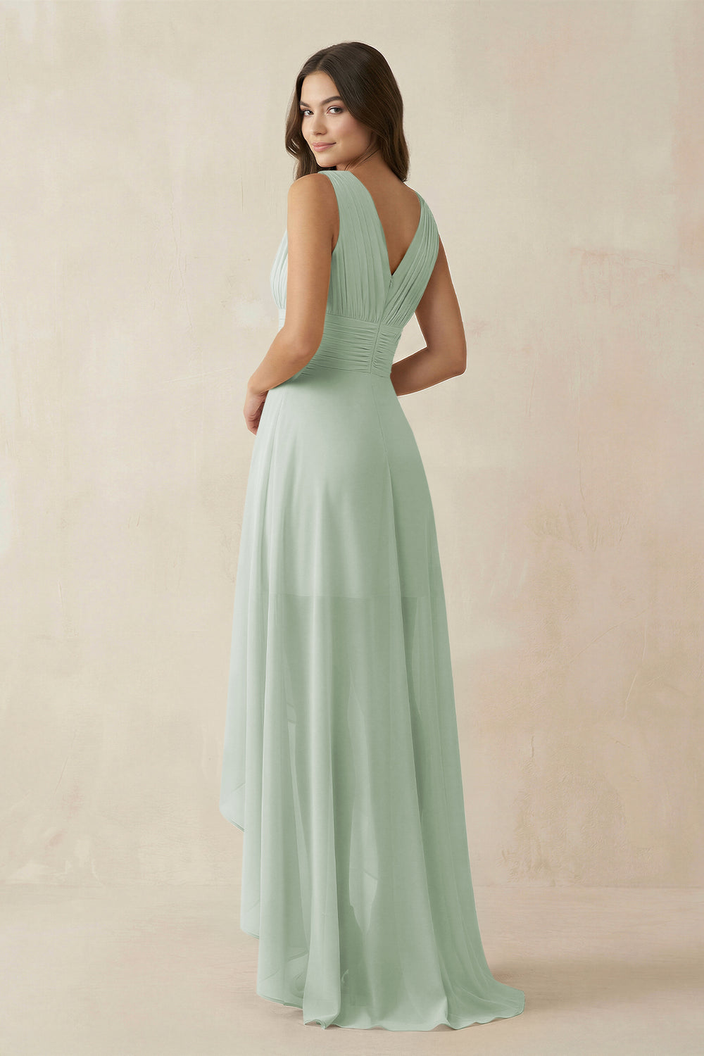 V-Neck High-Low Chiffon Bridesmaid Dress in Sage