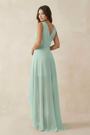Sage V-Neck High-Low Chiffon Bridesmaid Dress (2) | KISSBRIDAL