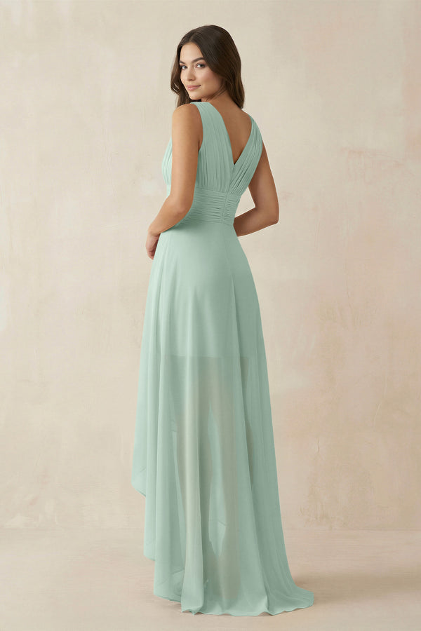 Sage V-Neck High-Low Chiffon Bridesmaid Dress (2) | KISSBRIDAL