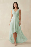 Sage V-Neck High-Low Chiffon Bridesmaid Dress | KISSBRIDAL