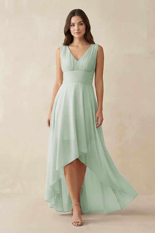 Sage V-Neck High-Low Chiffon Bridesmaid Dress | KISSBRIDAL