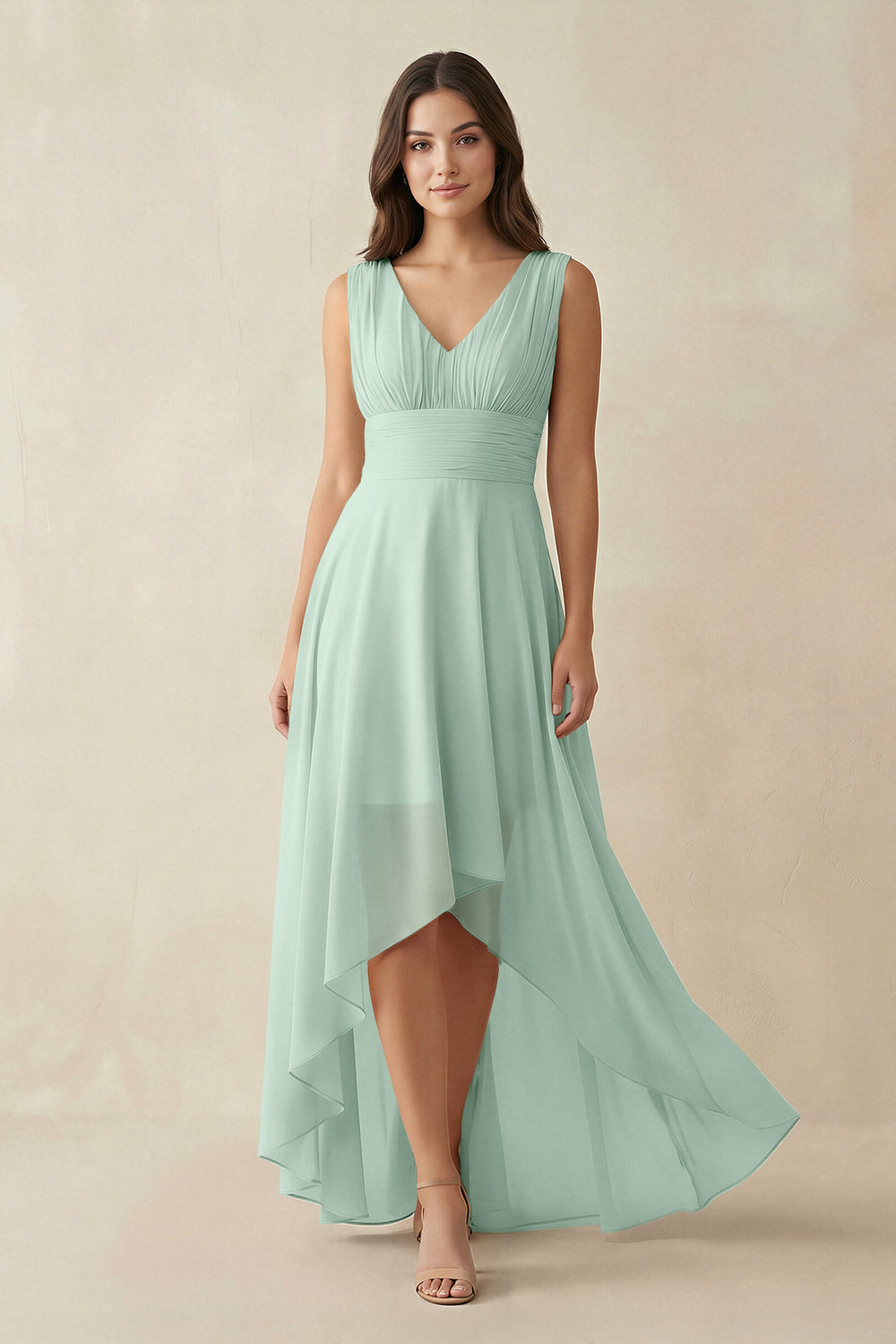 V-Neck High-Low Chiffon Bridesmaid Dress in Sage