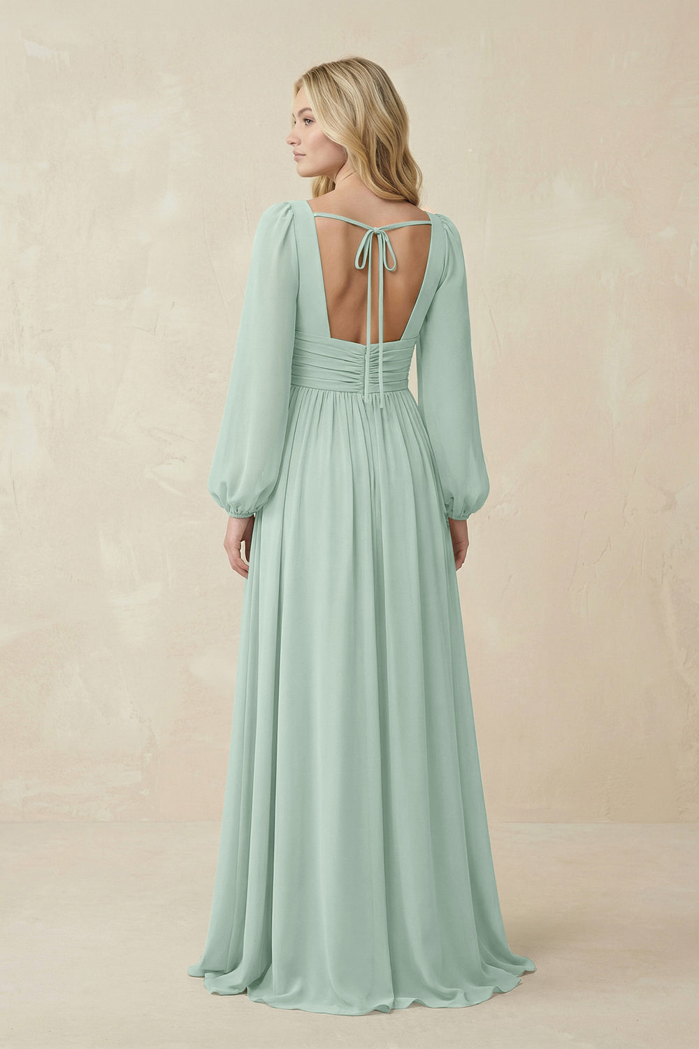 V-Neck Long Sleeve A-Line Chiffon Bridesmaid Dress in Sage