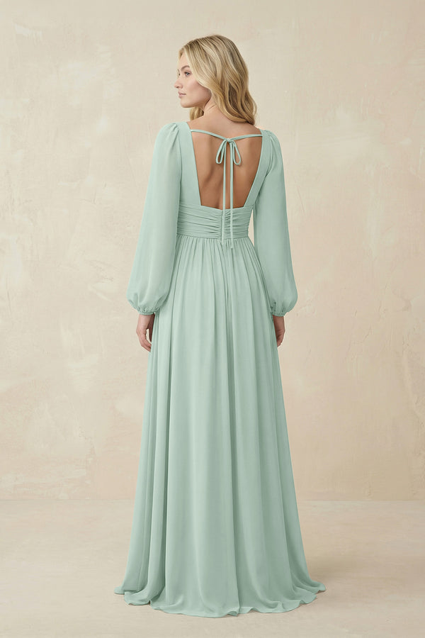 Sage V-Neck Long Sleeve A-Line Chiffon Bridesmaid Dress (2) | KISSBRIDAL