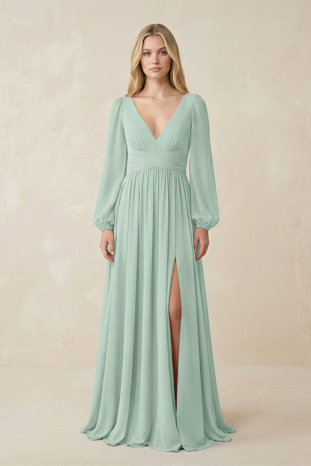 V-Neck Long Sleeve A-Line Chiffon Bridesmaid Dress in Sage