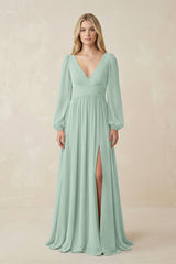 Sage V-Neck Long Sleeve A-Line Chiffon Bridesmaid Dress | KISSBRIDAL