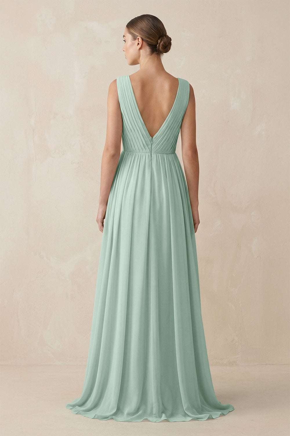 V-Neck Pleated A-Line Chiffon Bridesmaid Dress in Sage