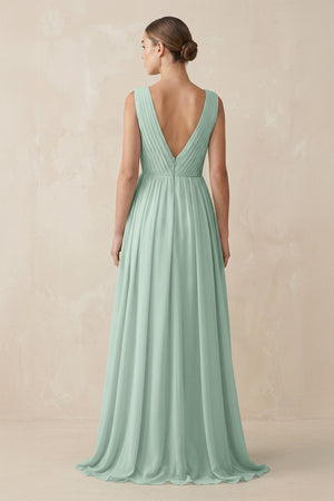Sage V-Neck Pleated A-Line Chiffon Bridesmaid Dress (2) | KISSBRIDAL
