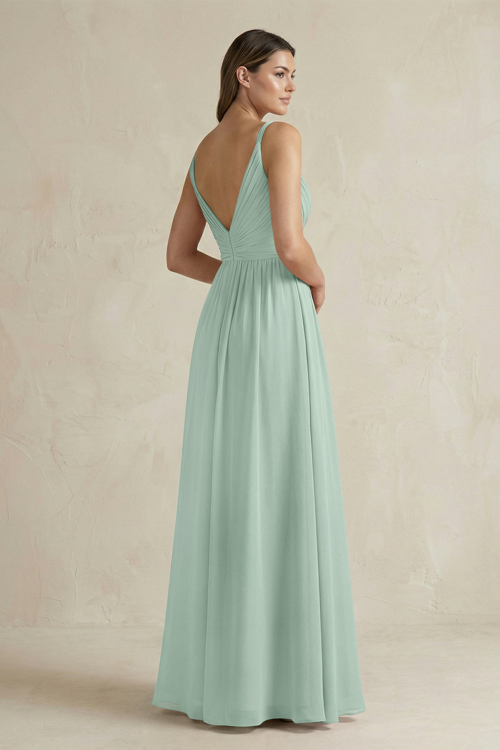 V-Neck Pleated A-Line Chiffon Bridesmaid Dress in Sage