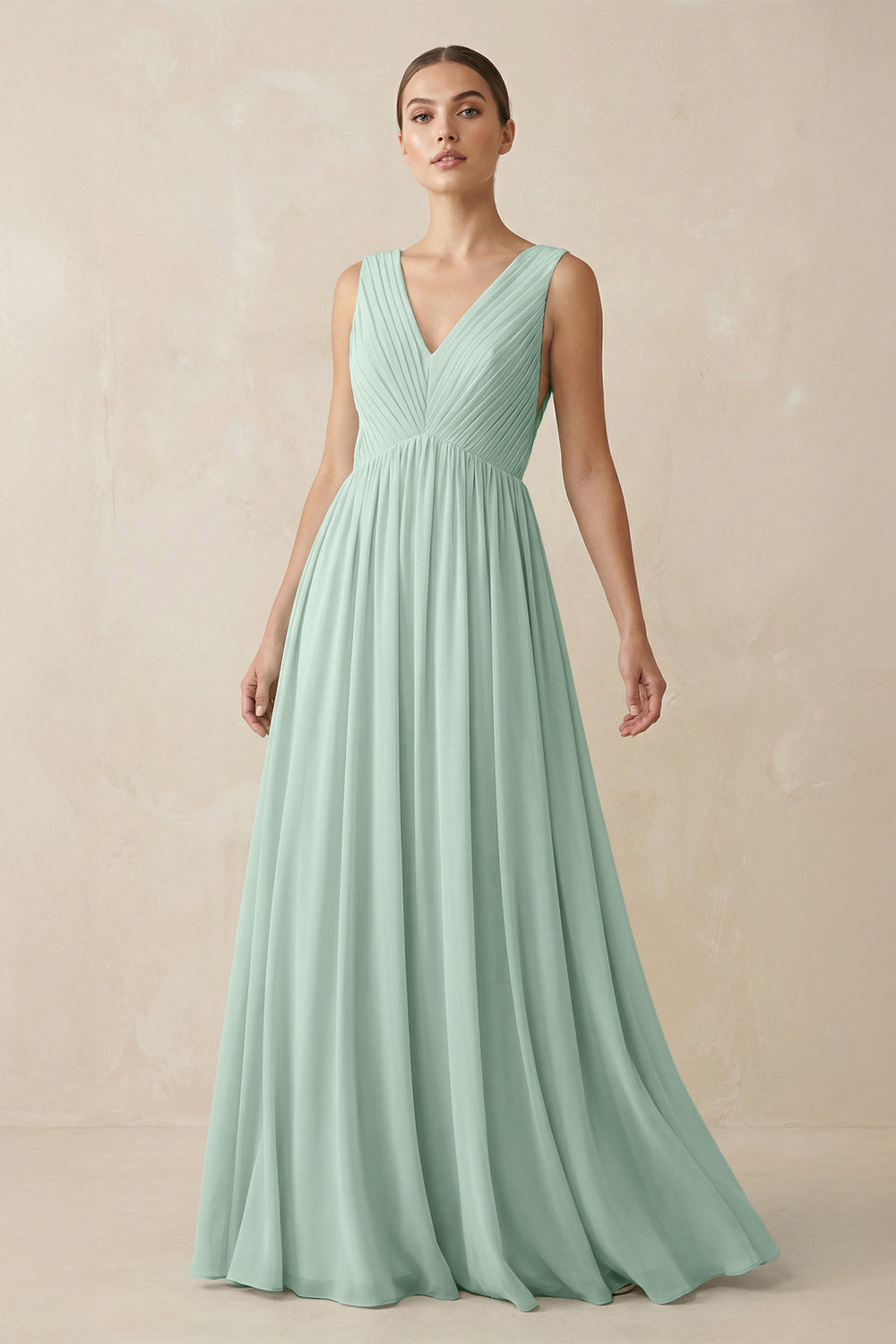 V-Neck Pleated A-Line Chiffon Bridesmaid Dress in Sage