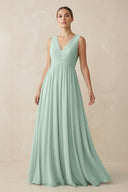 Sage V-Neck Pleated A-Line Chiffon Bridesmaid Dress | KISSBRIDAL