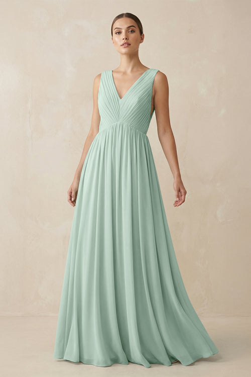 Sage V-Neck Pleated A-Line Chiffon Bridesmaid Dress | KISSBRIDAL
