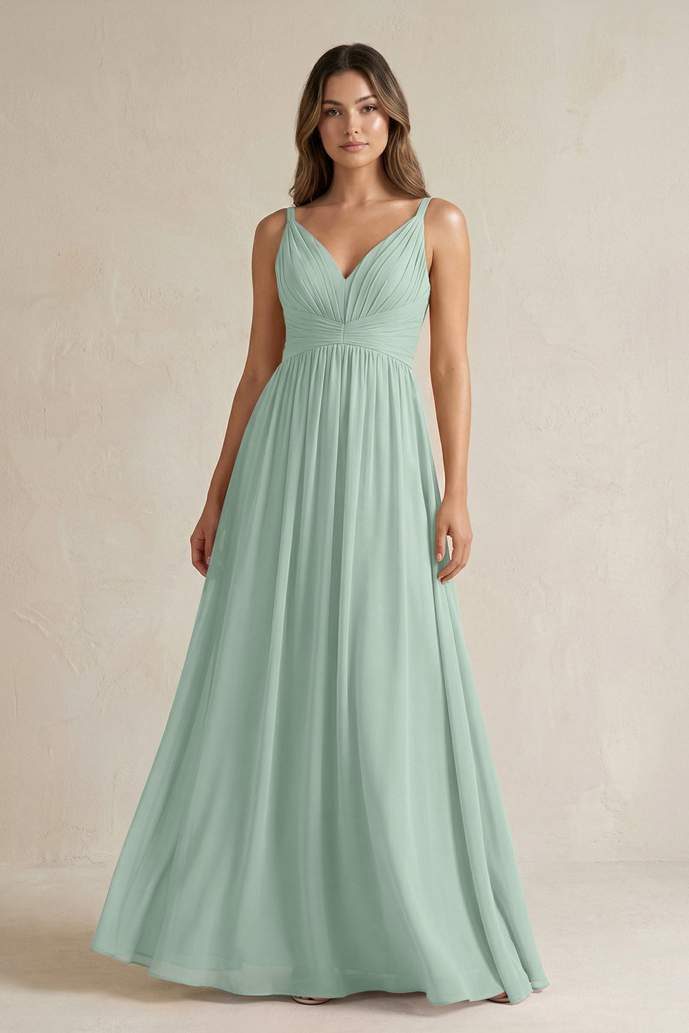 V-Neck Pleated A-Line Chiffon Bridesmaid Dress in Sage