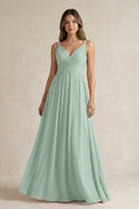 Sage V-Neck Pleated A-Line Chiffon Bridesmaid Dress | KISSBRIDAL