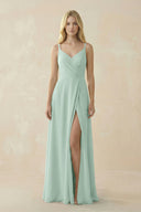 Sage V-Neck Ruched Chiffon Bridesmaid Dress with Slit | KISSBRIDAL