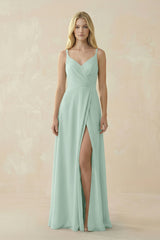 Sage V-Neck Ruched Chiffon Bridesmaid Dress with Slit | KISSBRIDAL