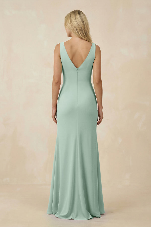Sage V-Neck Ruched Sheath Bridesmaid Dress with Slit (2) | KISSBRIDAL