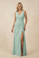Sage V-Neck Ruched Sheath Bridesmaid Dress with Slit | KISSBRIDAL