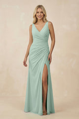 Sage V-Neck Ruched Sheath Bridesmaid Dress with Slit | KISSBRIDAL