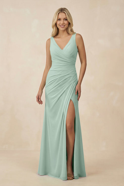 Sage V-Neck Ruched Sheath Bridesmaid Dress with Slit | KISSBRIDAL