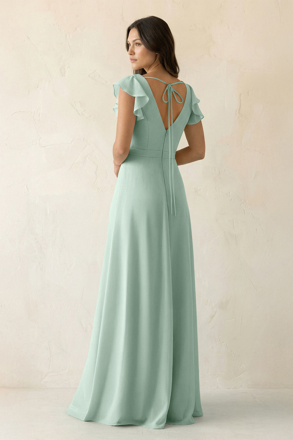 V-Neck Ruffled A-Line Chiffon Bridesmaid Dress in Sage