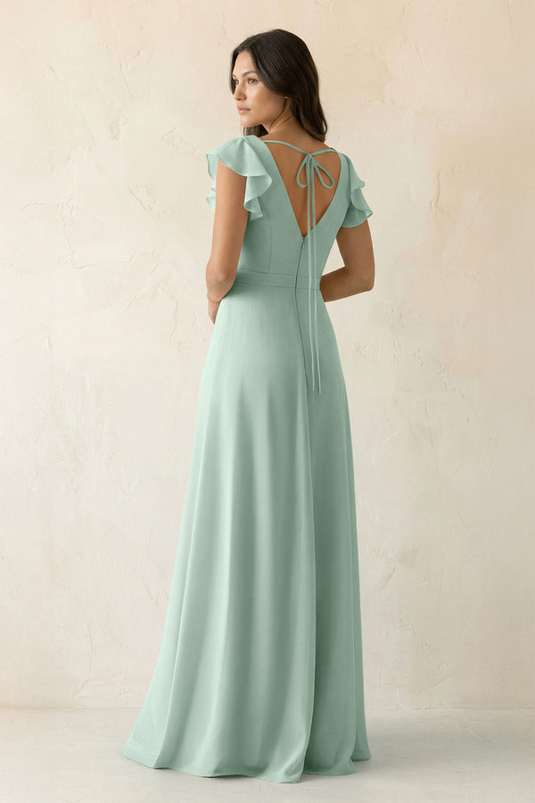 Sage V-Neck Ruffled A-Line Chiffon Bridesmaid Dress (2) | KISSBRIDAL