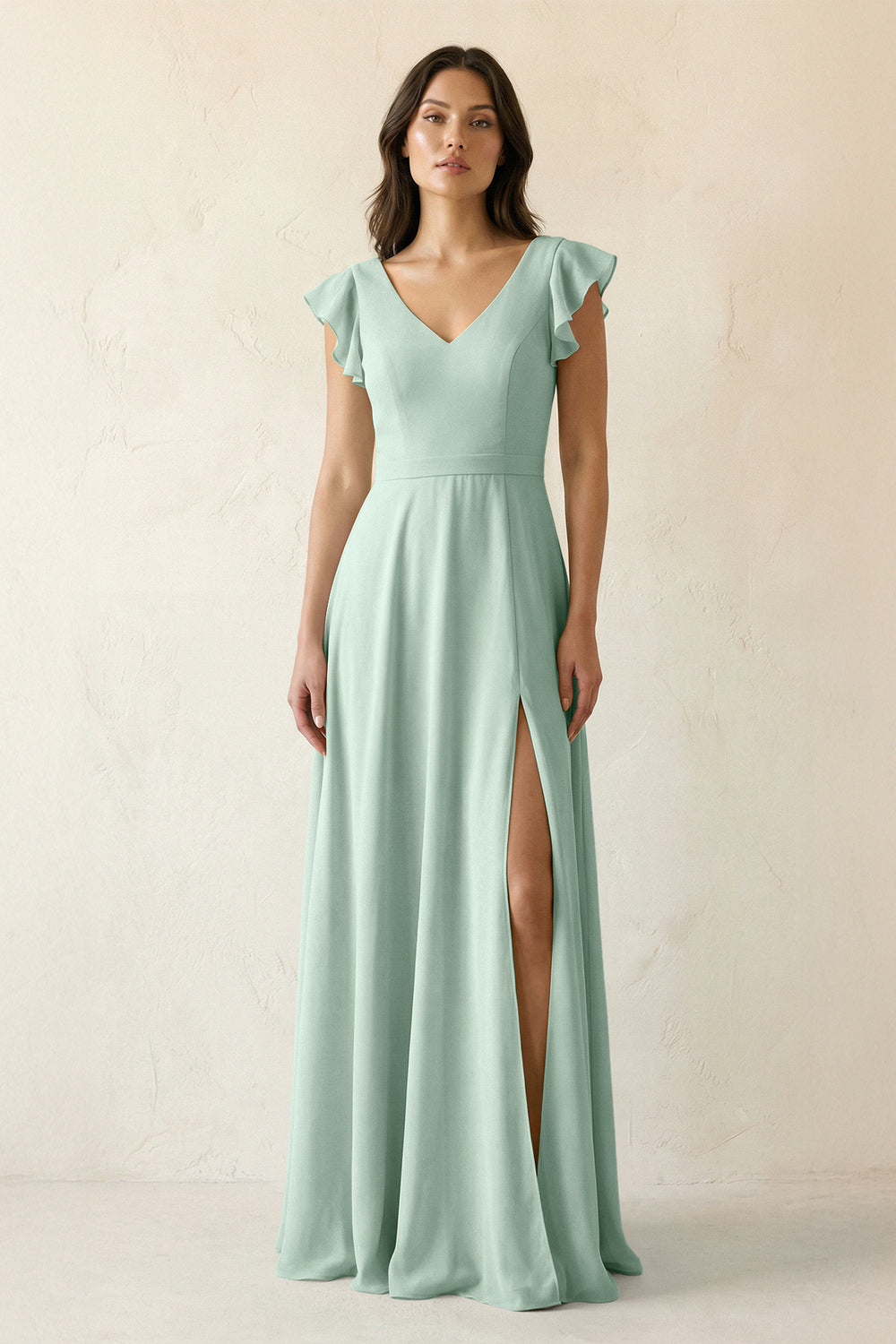 V-Neck Ruffled A-Line Chiffon Bridesmaid Dress in Sage