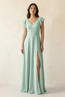 Sage V-Neck Ruffled A-Line Chiffon Bridesmaid Dress | KISSBRIDAL
