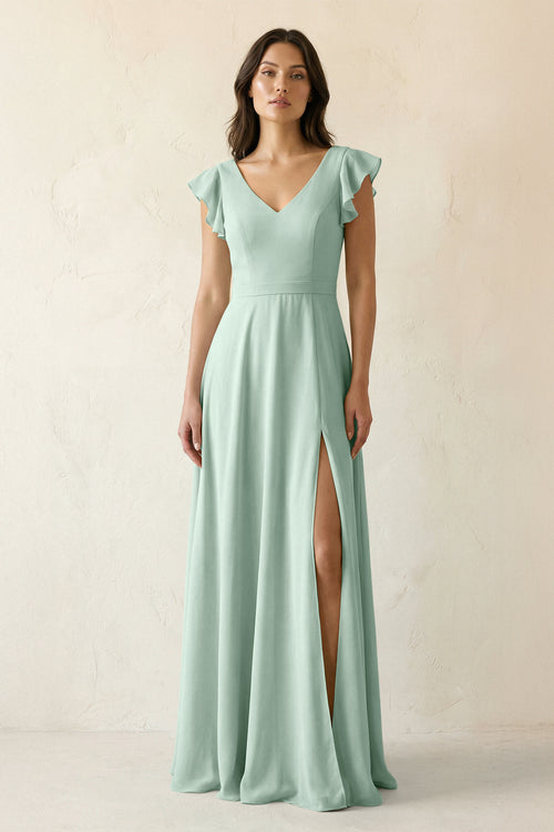 Sage V-Neck Ruffled A-Line Chiffon Bridesmaid Dress | KISSBRIDAL