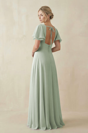 Sage V-Neck Ruffled Short Sleeves A-Line Bridesmaid Dress (2) | KISSBRIDAL