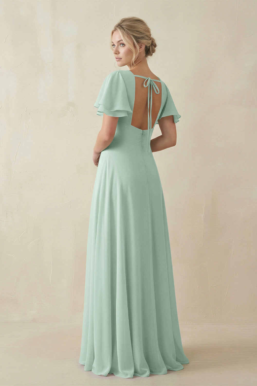 V-Neck Ruffled Short Sleeves A-Line Bridesmaid Dress in Sage