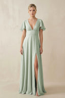 Sage V-Neck Ruffled Short Sleeves A-Line Bridesmaid Dress | KISSBRIDAL
