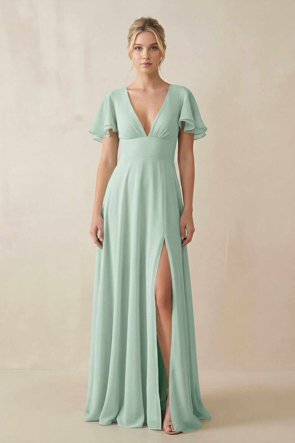 V-Neck Ruffled Short Sleeves A-Line Bridesmaid Dress in Sage