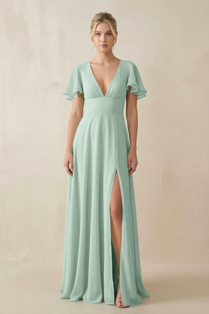 Sage V-Neck Ruffled Short Sleeves A-Line Bridesmaid Dress | KISSBRIDAL