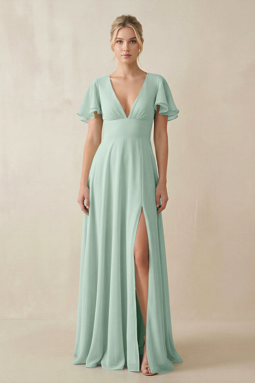 Sage V-Neck Ruffled Short Sleeves A-Line Bridesmaid Dress | KISSBRIDAL