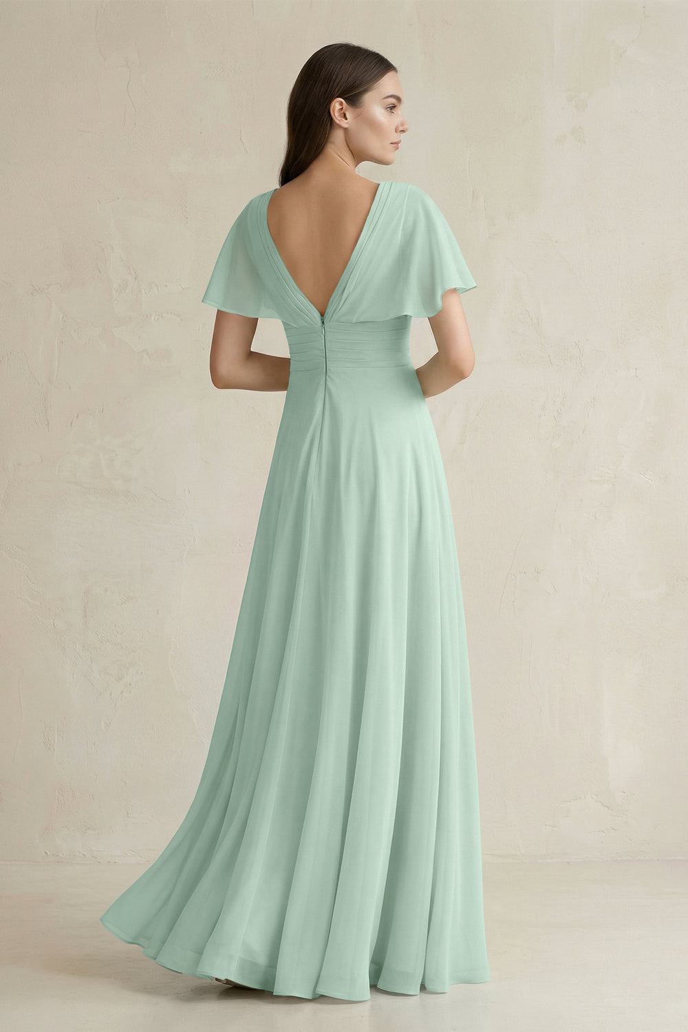 V-Neck Ruffled Sleeve A-Line Chiffon Bridesmaid Dress in Sage