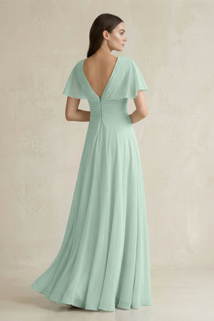 Sage V-Neck Ruffled Sleeve A-Line Chiffon Bridesmaid Dress (2) | KISSBRIDAL