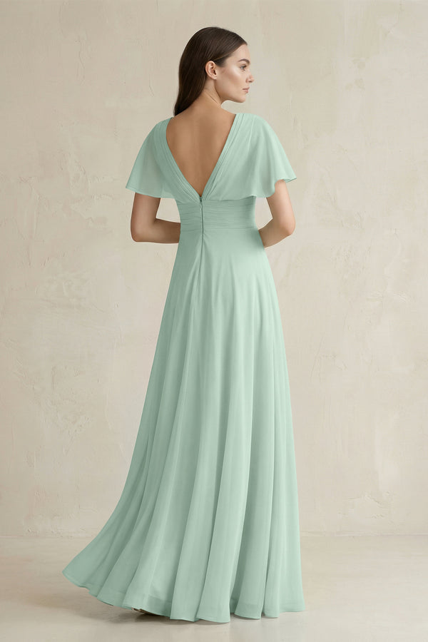 Sage V-Neck Ruffled Sleeve A-Line Chiffon Bridesmaid Dress (2) | KISSBRIDAL