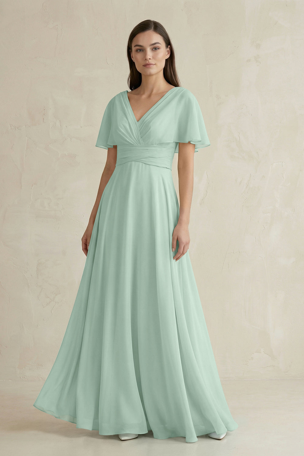 V-Neck Ruffled Sleeve A-Line Chiffon Bridesmaid Dress in Sage
