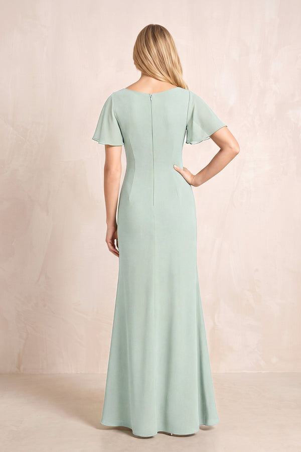 Sage V-Neck Sheath Chiffon Ruffled Short Sleeves Mother of the Bride Dress with Slit (2) | KISSBRIDAL