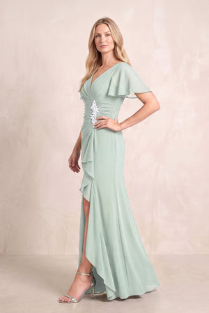 Sage V-Neck Sheath Chiffon Ruffled Short Sleeves Mother of the Bride Dress with Slit (3) | KISSBRIDAL
