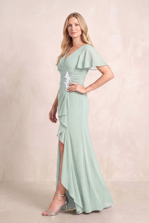 Sage V-Neck Sheath Chiffon Ruffled Short Sleeves Mother of the Bride Dress with Slit (3) | KISSBRIDAL