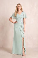 Sage V-Neck Sheath Chiffon Ruffled Short Sleeves Mother of the Bride Dress with Slit | KISSBRIDAL
