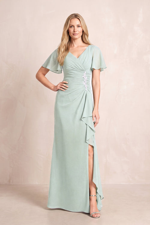 Sage V-Neck Sheath Chiffon Ruffled Short Sleeves Mother of the Bride Dress with Slit | KISSBRIDAL