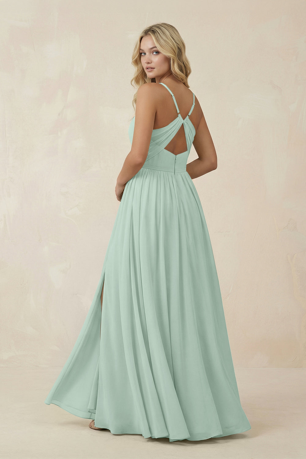 V-Neck Spaghetti Strap A-Line Chiffon Bridesmaid Dress in Sage