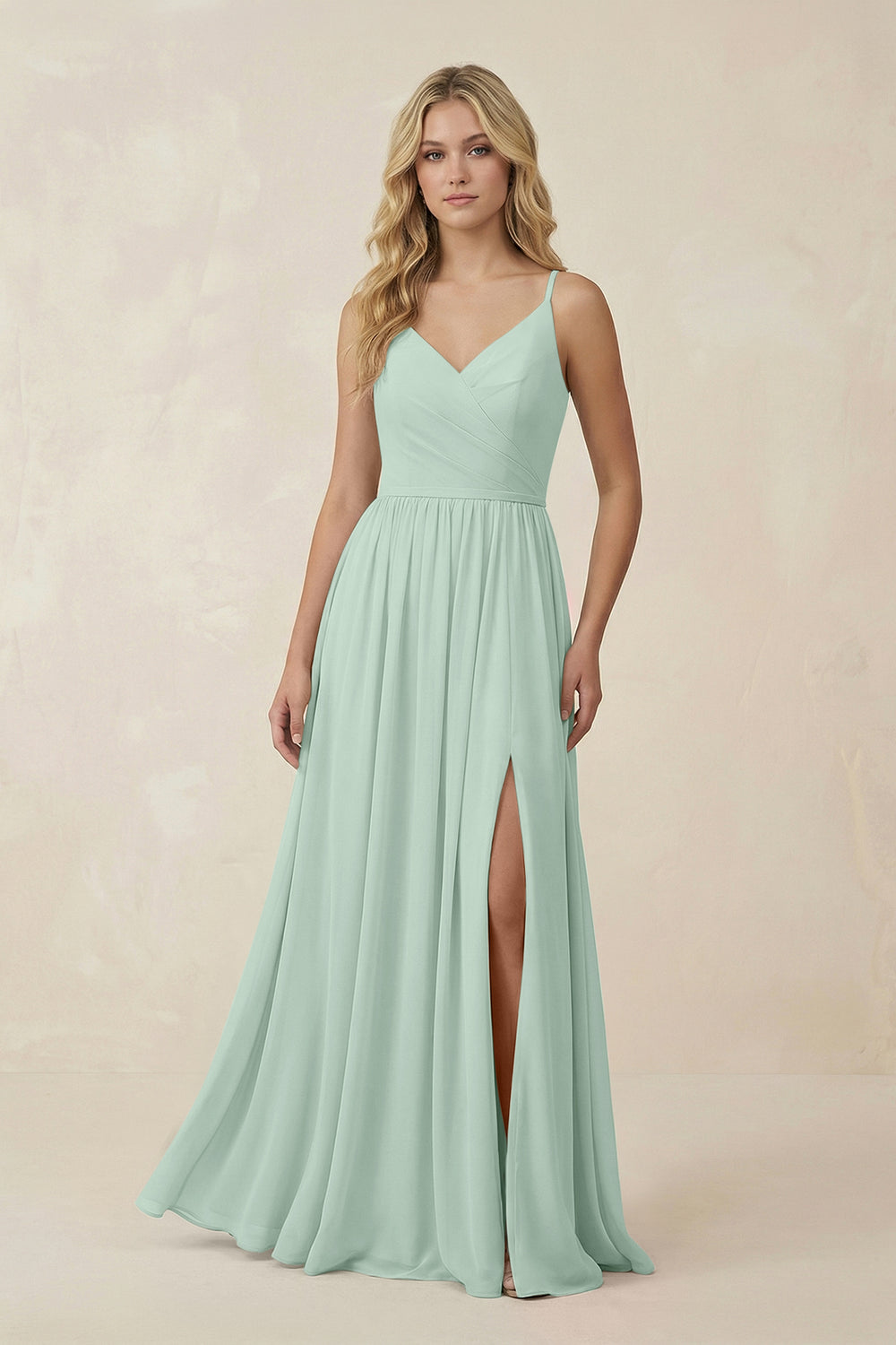 V-Neck Spaghetti Strap A-Line Chiffon Bridesmaid Dress in Sage