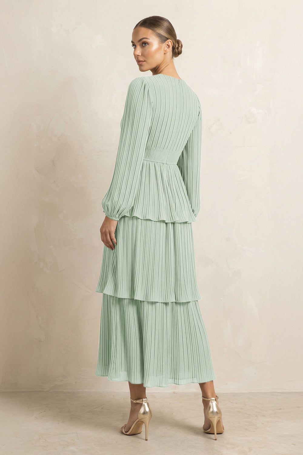 V-Neck Tiered A-Line Chiffon Midi Bridesmaid Dress in Sage