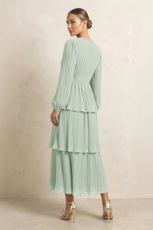 Sage V-Neck Tiered A-Line Chiffon Midi Bridesmaid Dress (2) | KISSBRIDAL