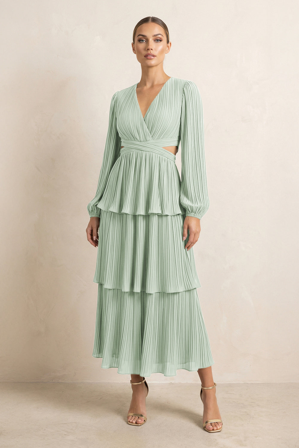 V-Neck Tiered A-Line Chiffon Midi Bridesmaid Dress in Sage